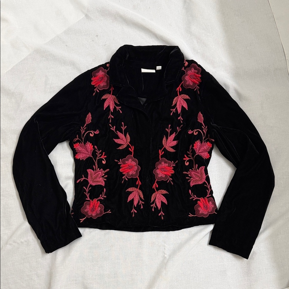 Anthropologie Black Velvet Jacket with Red Embroidered Floral Design‎